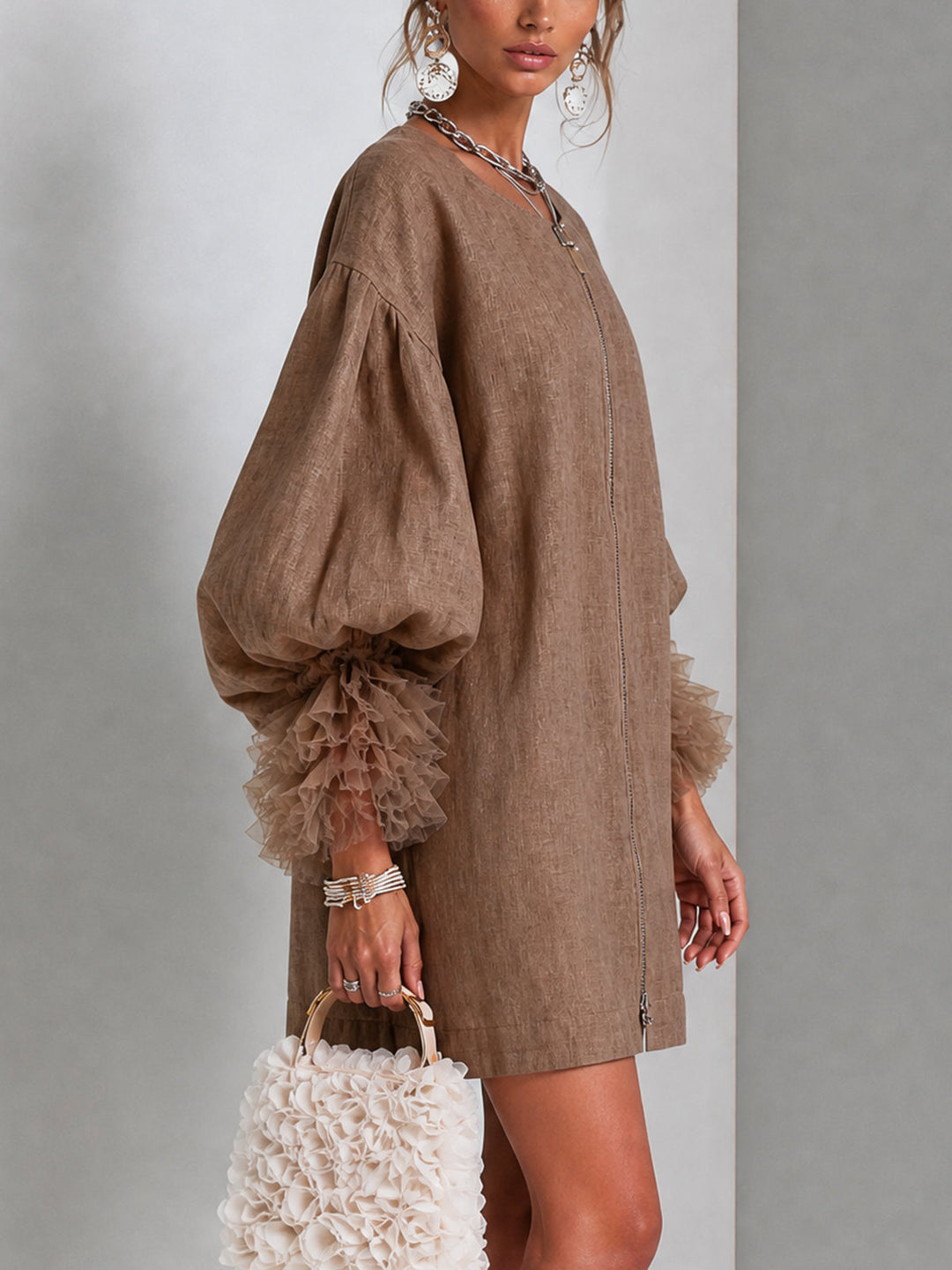 Zip Front Balloon Mini Dress