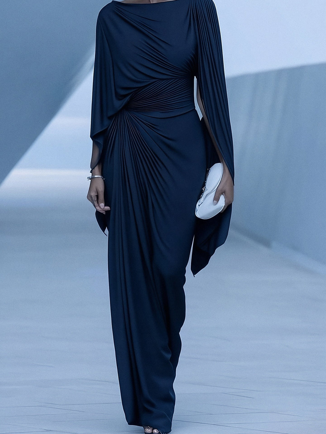 Dark Blue Pleated Cape Draped Maxi Dress