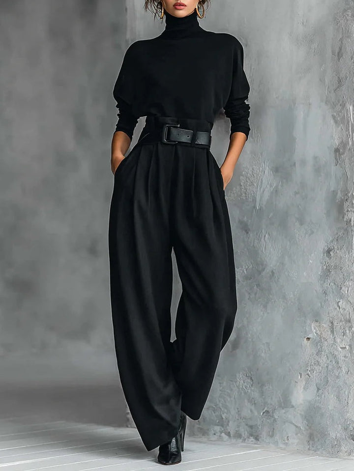 All-black Turtleneck Long-sleeved T-shirt And Straight-leg Pants Two-piece Set (including Belt)