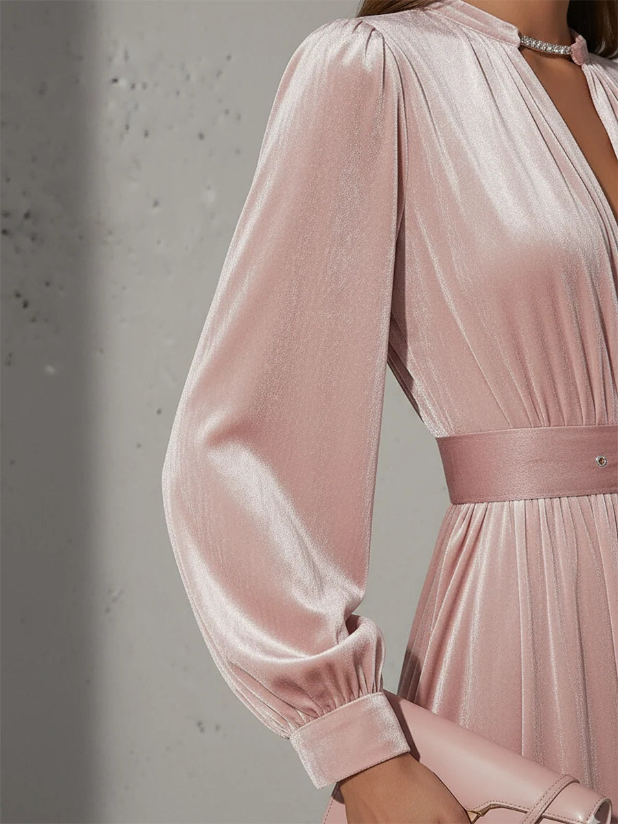 Elegant Light Pink V-Neck Velvet Maxi Dress