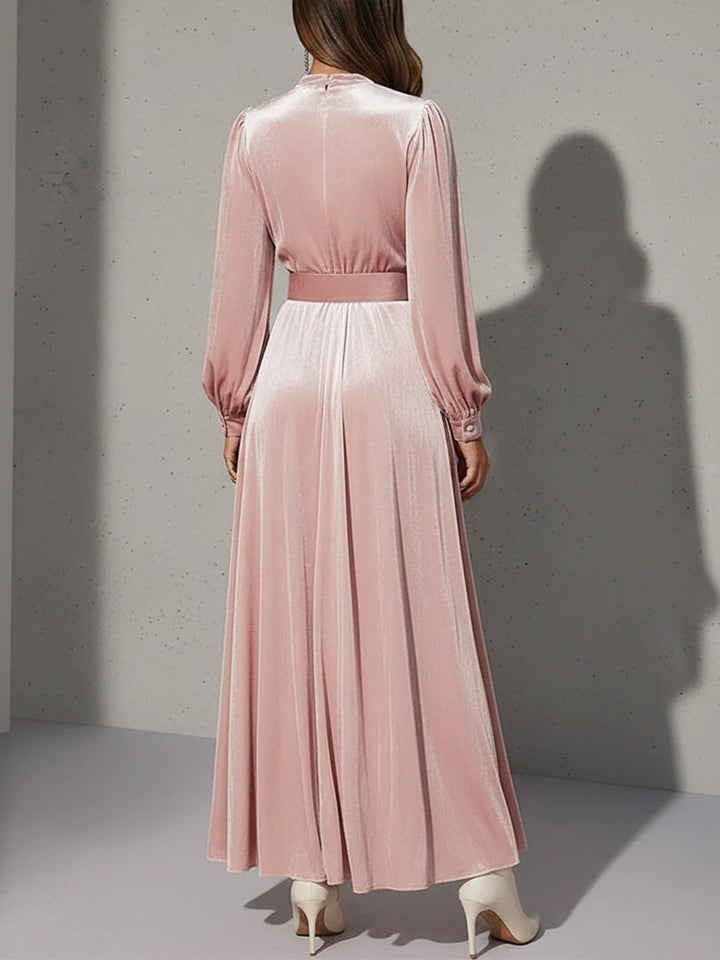 Elegant Light Pink V-Neck Velvet Maxi Dress