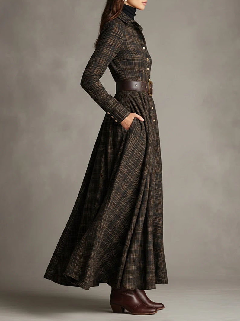 Brown and Black Plaid Lapel Single-Breasted Shirt Long Dress