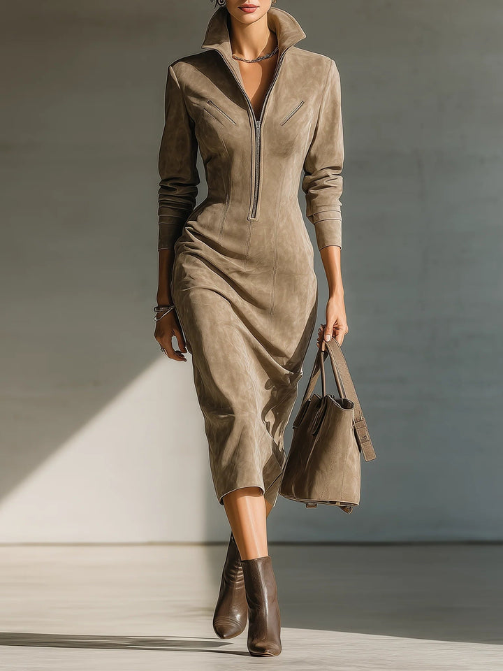 Beige Faux Suede Stand Collar Elegant Midi Dress