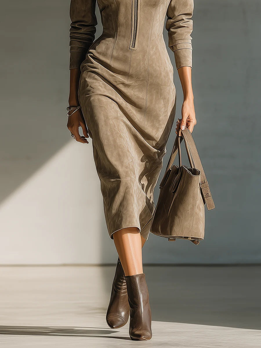 Beige Faux Suede Stand Collar Elegant Midi Dress
