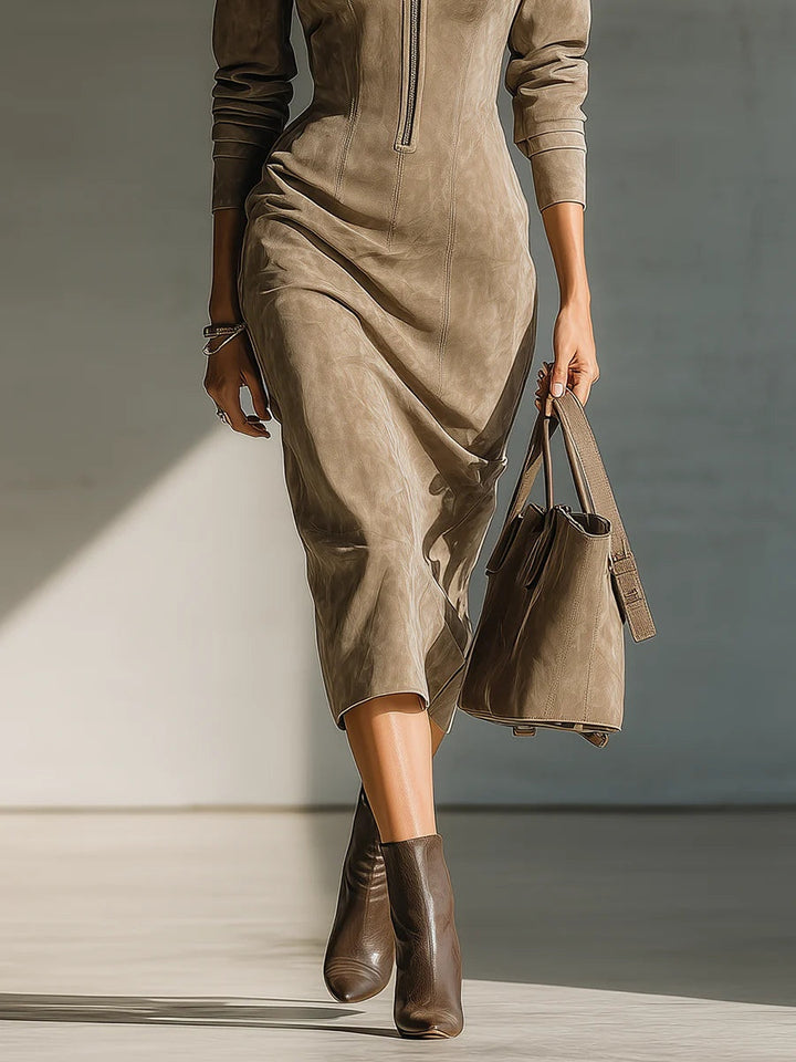 Beige Faux Suede Stand Collar Elegant Midi Dress