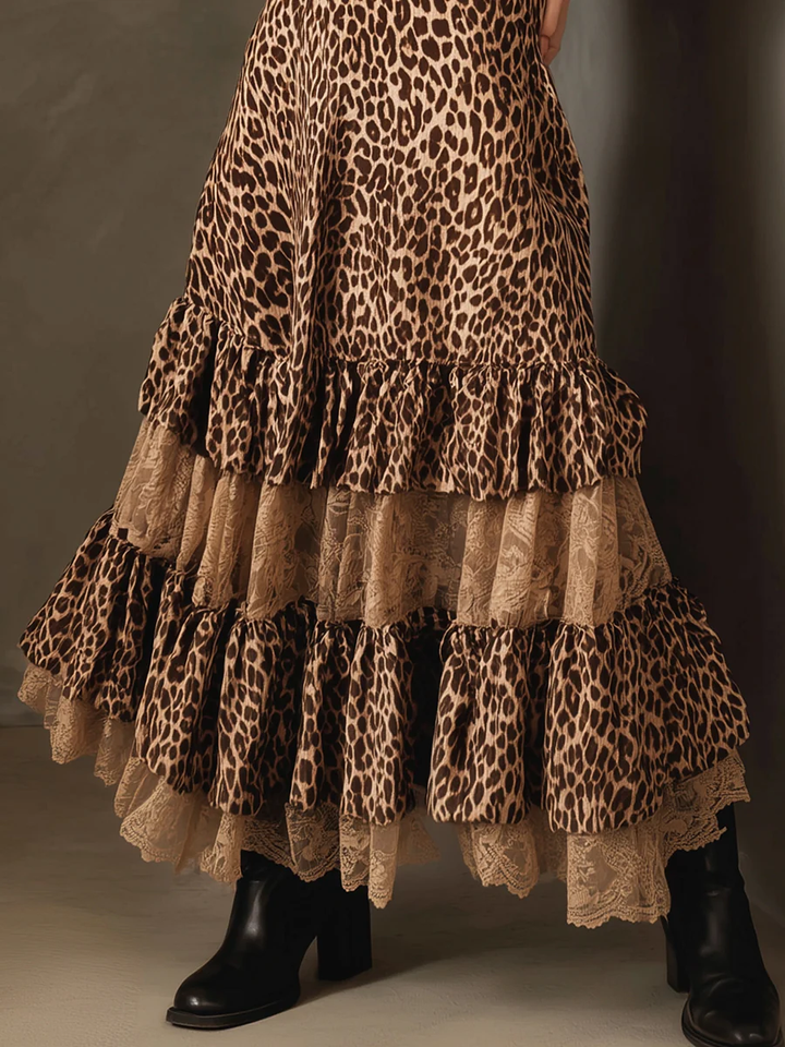 Retro Leopard Lace Ruffled Patchwork Skirt