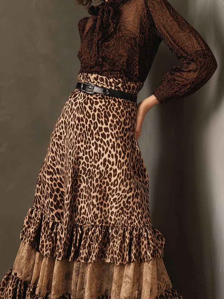 Retro Leopard Lace Ruffled Patchwork Skirt