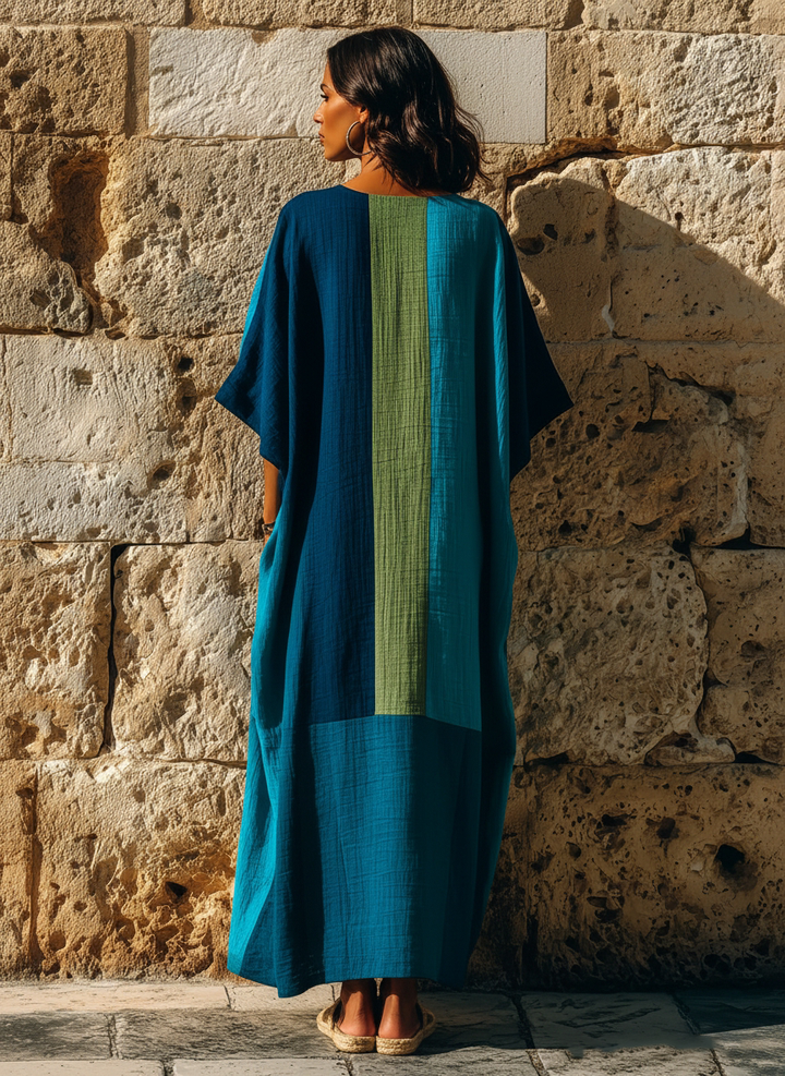 Robe maxi caftan à blocs de couleur en mélange de lin style vacances avec poches