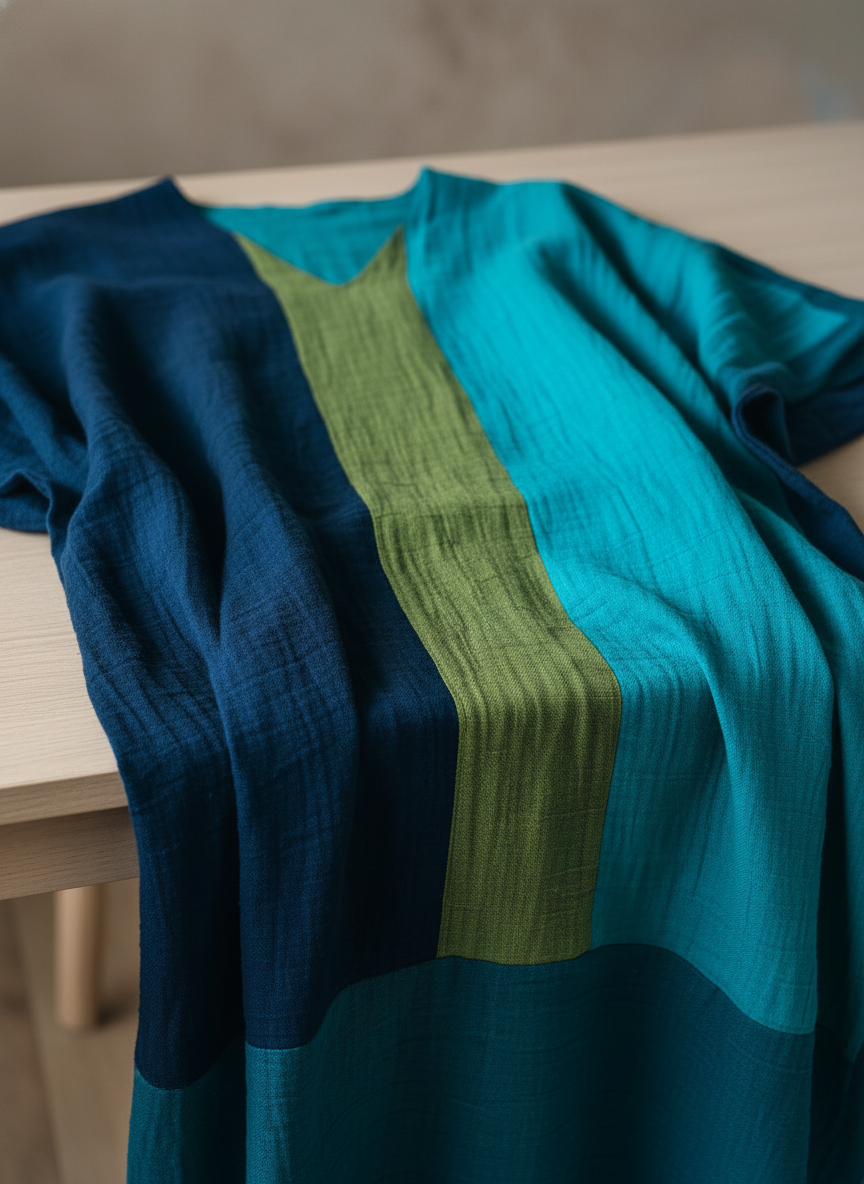 Robe maxi caftan à blocs de couleur en mélange de lin style vacances avec poches