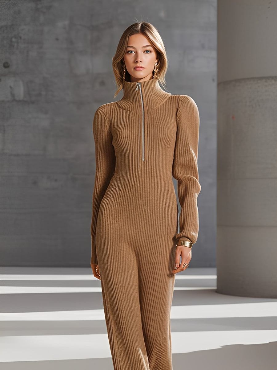Mock Neck & Half-Zip Front Casual Jumpsuit