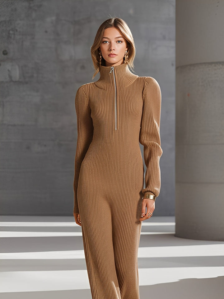 Mock Neck & Half-Zip Front Casual Jumpsuit