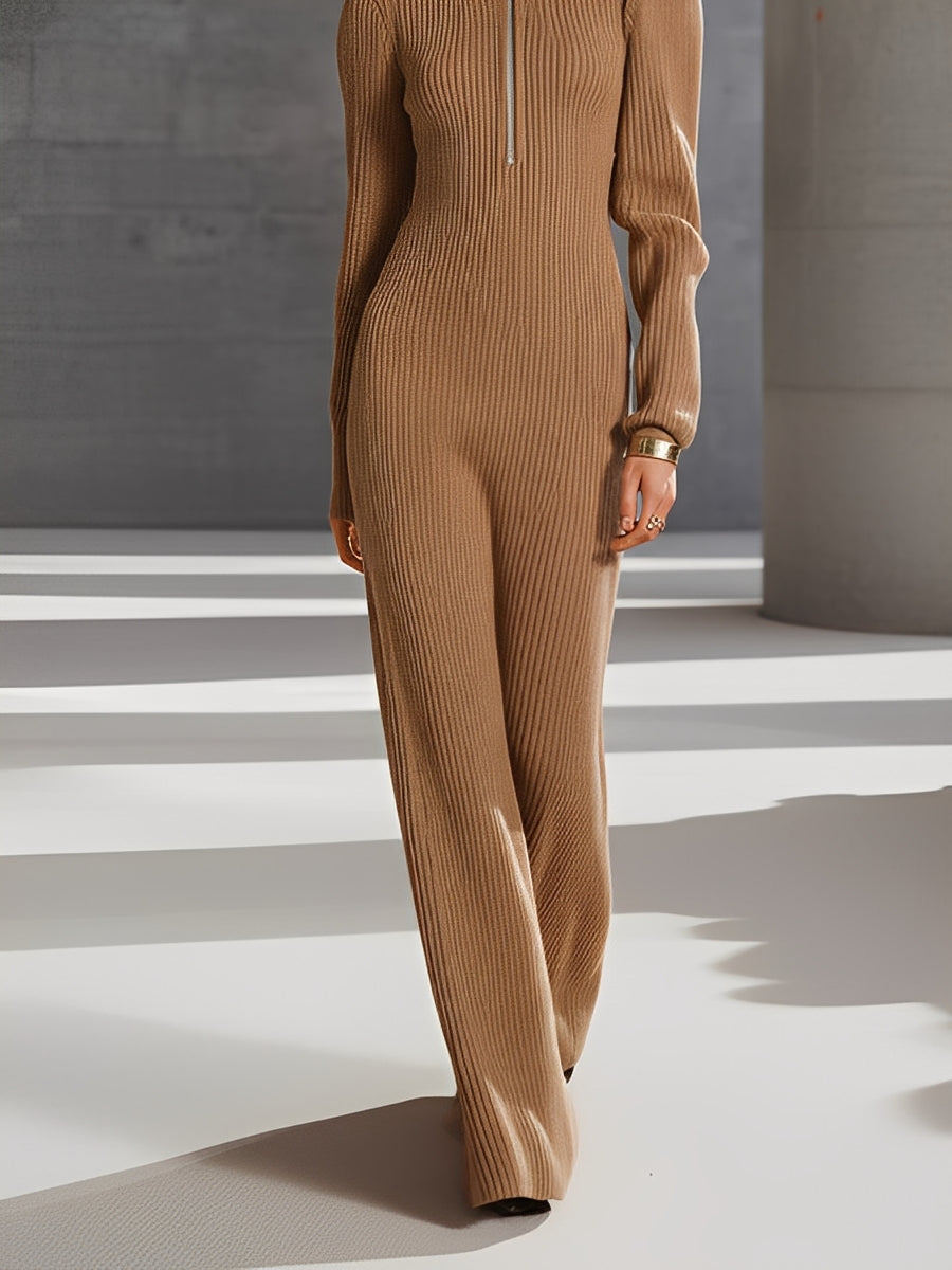 Mock Neck & Half-Zip Front Casual Jumpsuit