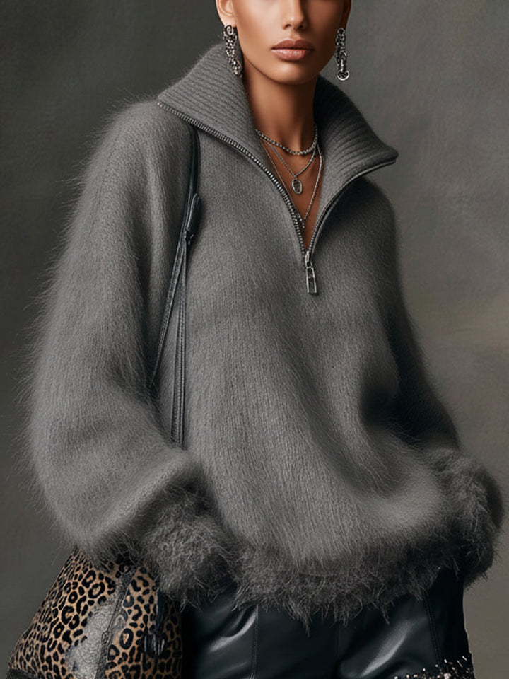 Charcoal Gray Loose Fit Faux Mink Knit Half Zip Long Sleeve Sweater