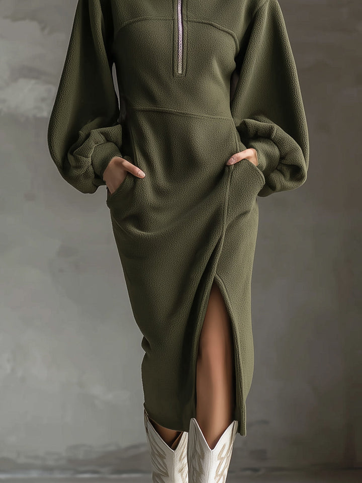 Soft Polar Fleece Lantern Sleeves Front Zipper Side Slit Midi Dress