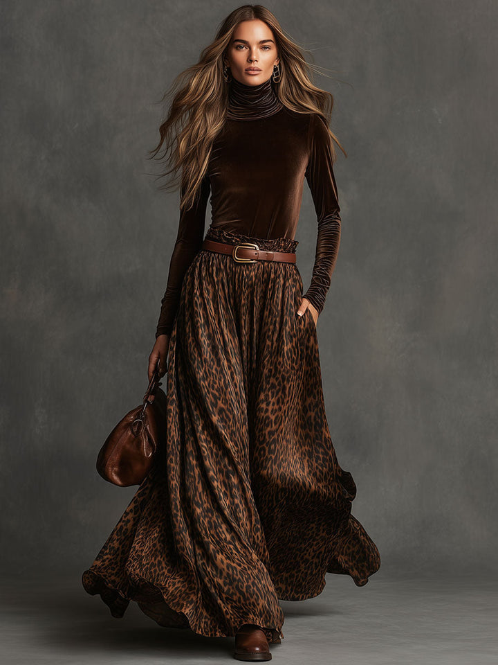 Vintage Turtleneck Velvet Top And Leopard Print Skirt Set