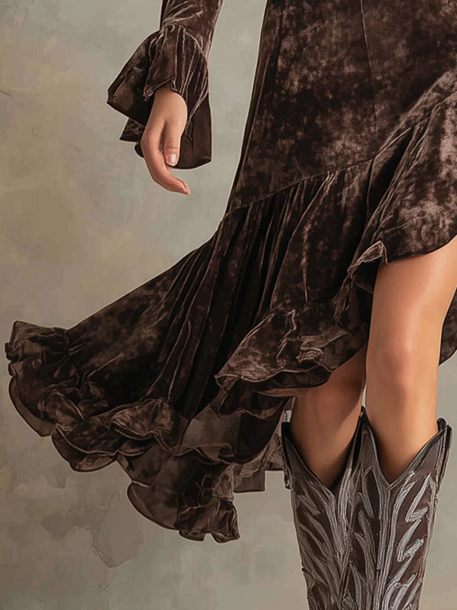 High-neck Long-sleeved Bell Sleeves Velvet Midi Dress