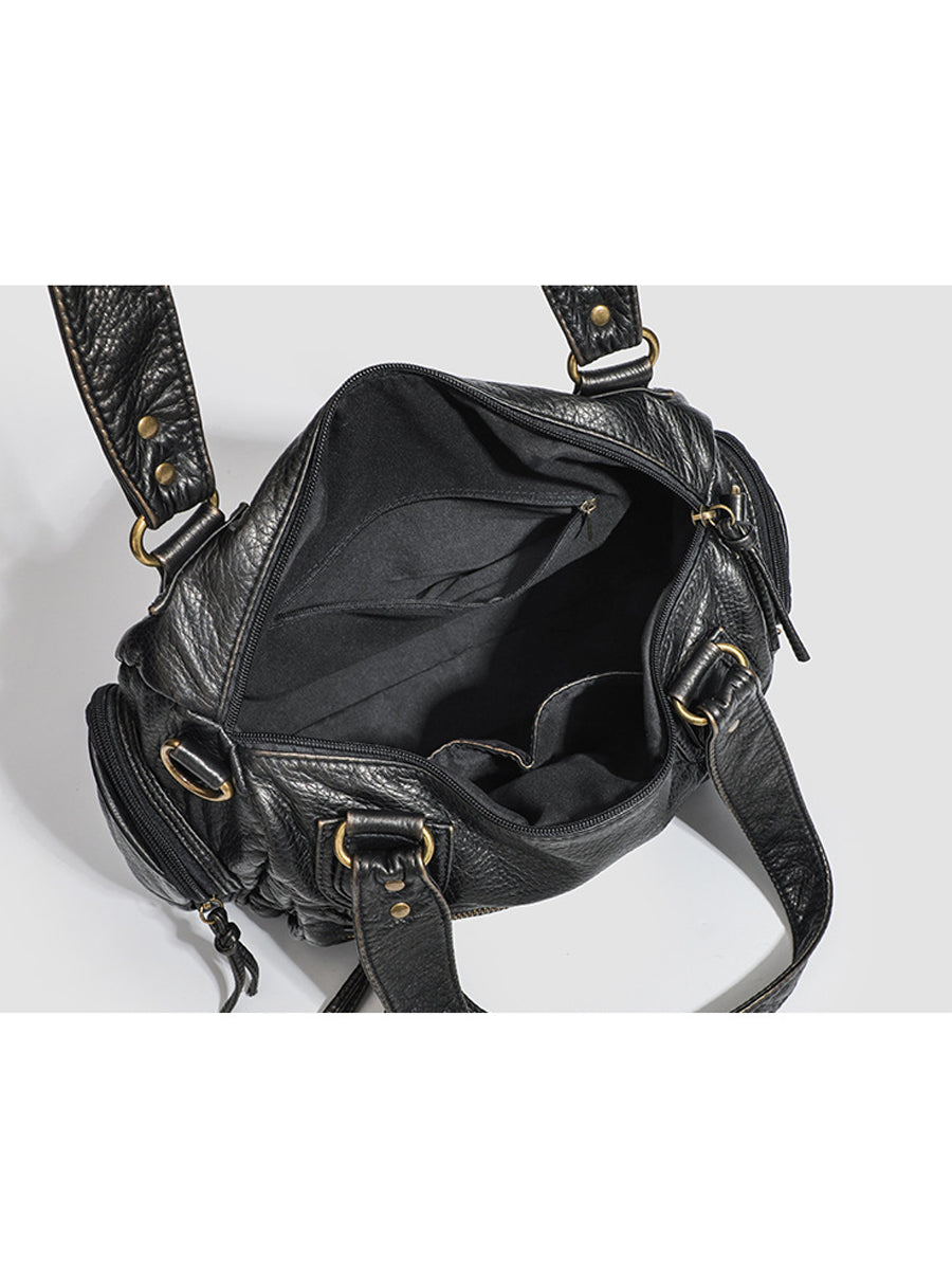 Women's Fashionable Distressed Multi-pocket Leather Handbag