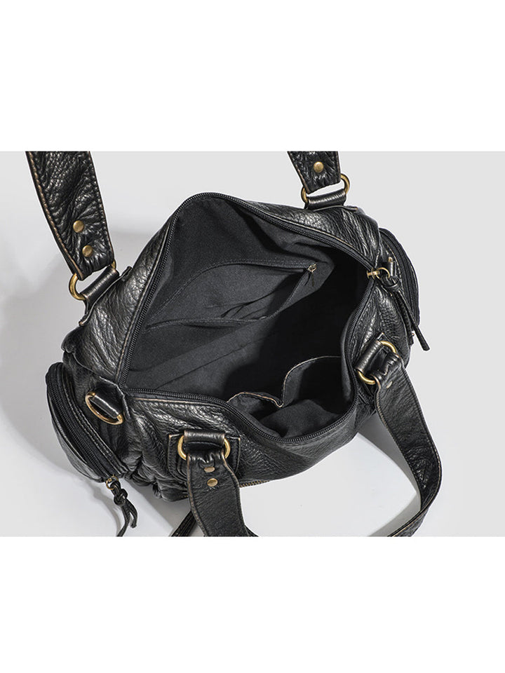 Women's Fashionable Distressed Multi-pocket Leather Handbag