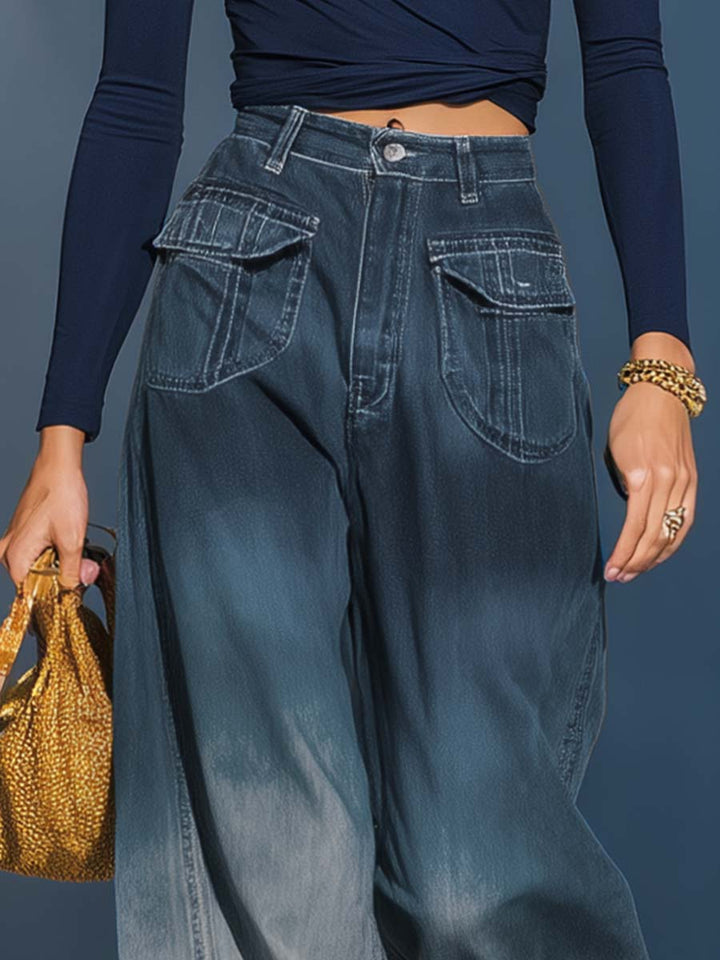 Casual Fashion Gradient Washed Denim Blue Gray Loose Pants