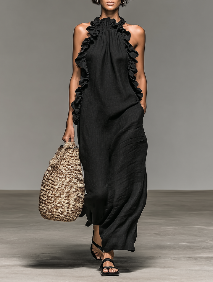 Linnen mouwloze maxi-jurk met ruches