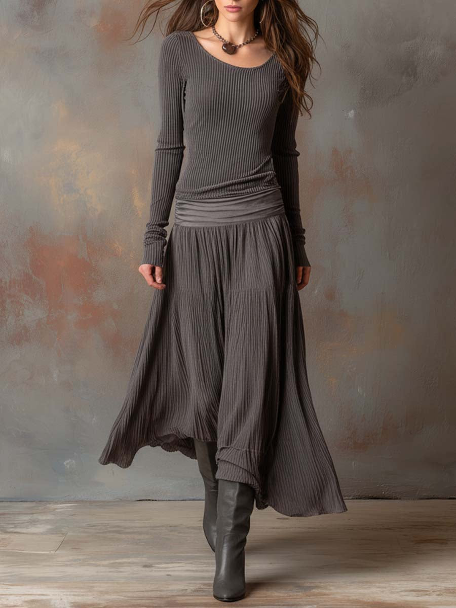 Vintage Ribbed Knit Maxi Dress In Charcoal Gray