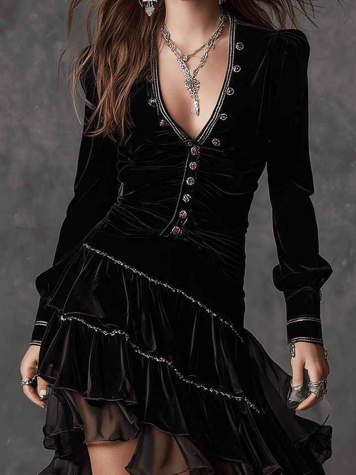 Romantic Black Velvet Ruffle Midi Dress
