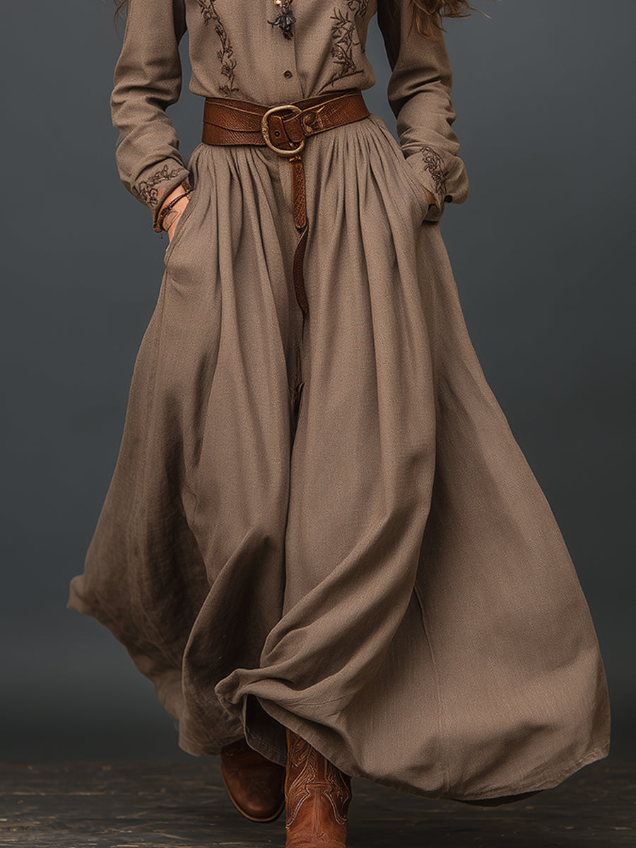 Retro Western Embroidered Cotton Maxi Dress With Belt
