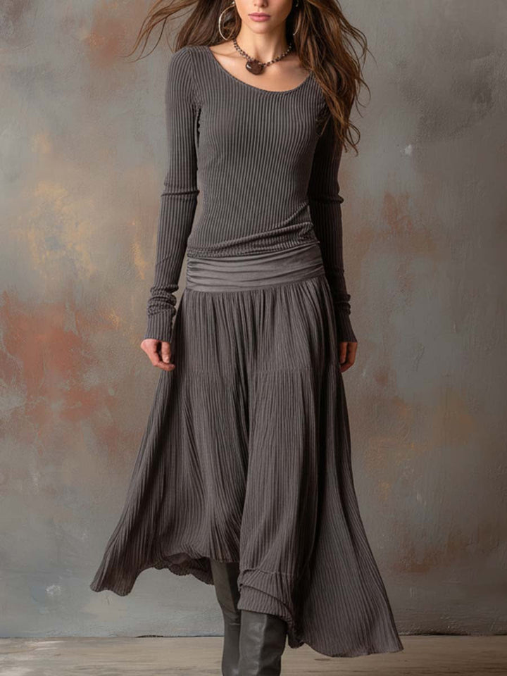 Vintage Ribbed Knit Maxi Dress In Charcoal Gray