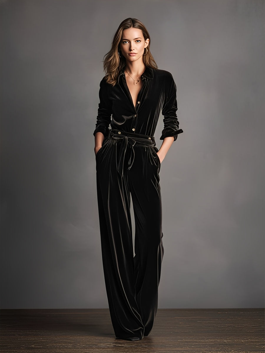 Women's Black Velvet Lace-up Elegant Gold Button Jumpsuit