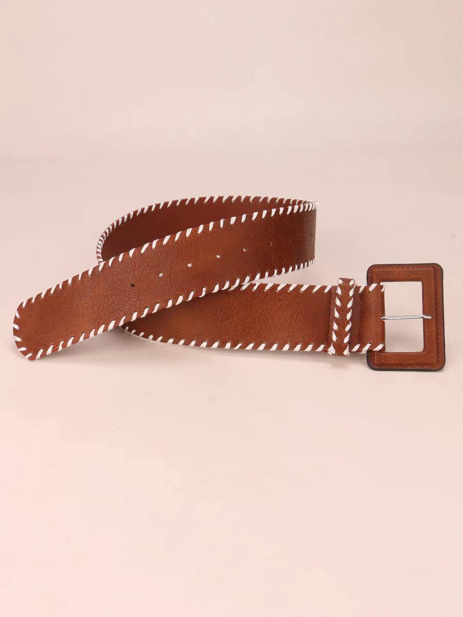 Women's Brown Leather Belt with Stitching Detail
