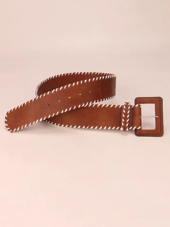Women's Brown Leather Belt with Stitching Detail