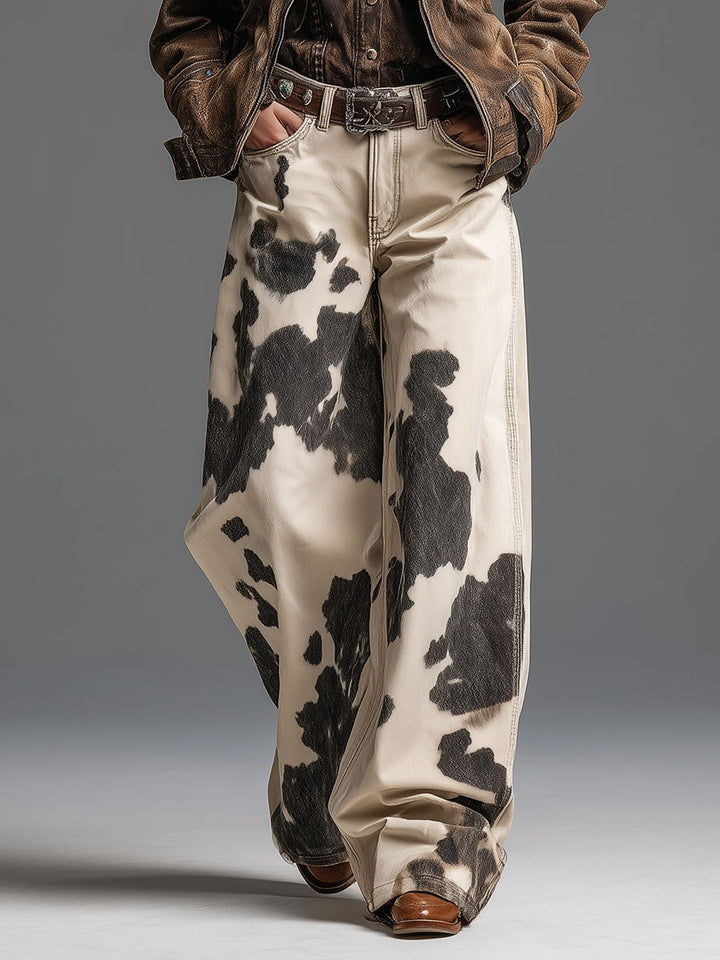 Retro And Fashionable Western Style Cow Pattern Pants
