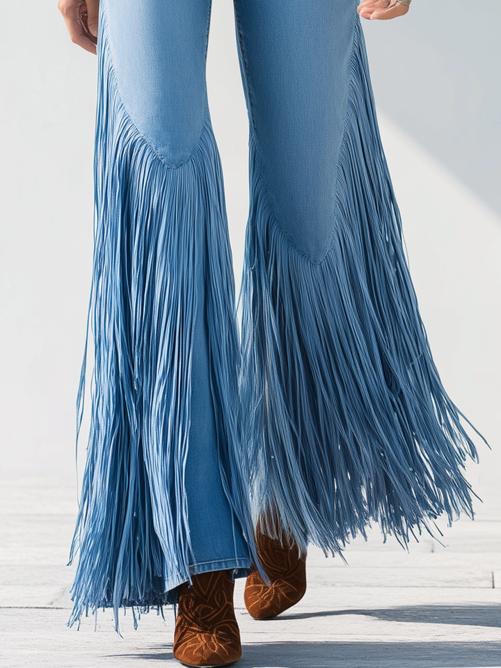 Trendy Retro Tassel Flared Jeans