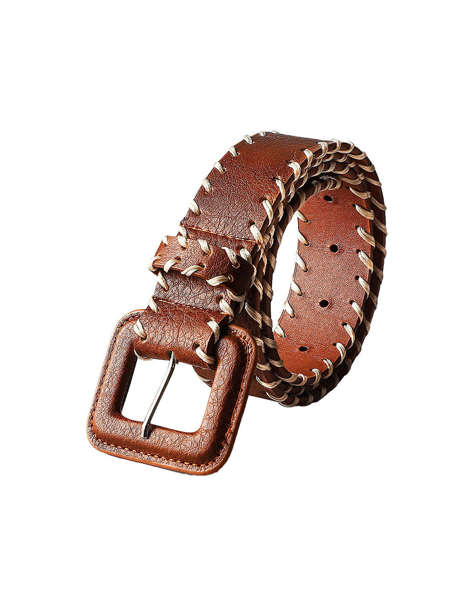 Women's Brown Leather Belt with Stitching Detail