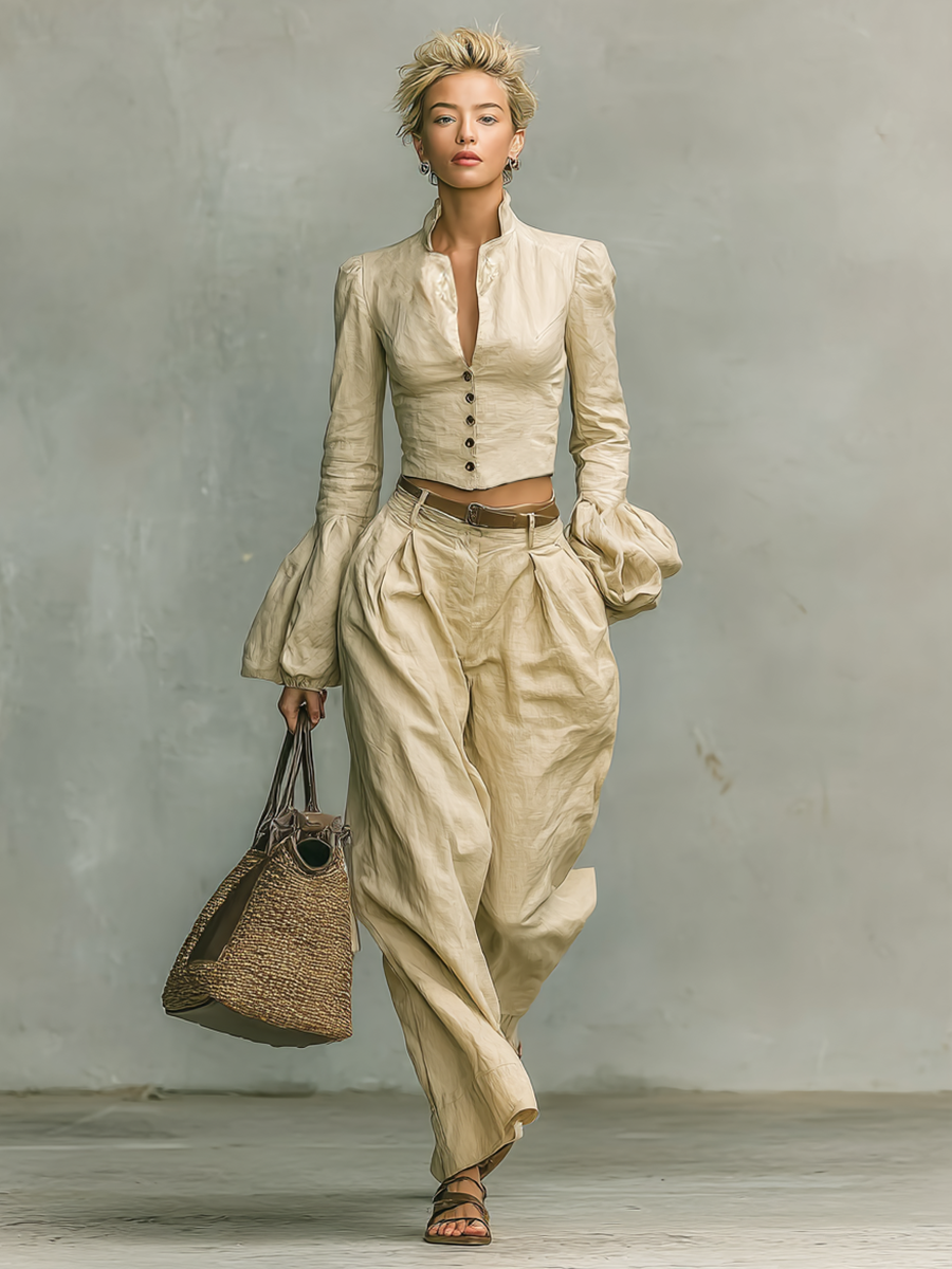 Women's Retro Linen-like Fabric Stand-up Collar Single-breasted Shirt Trousers Two-piece Set