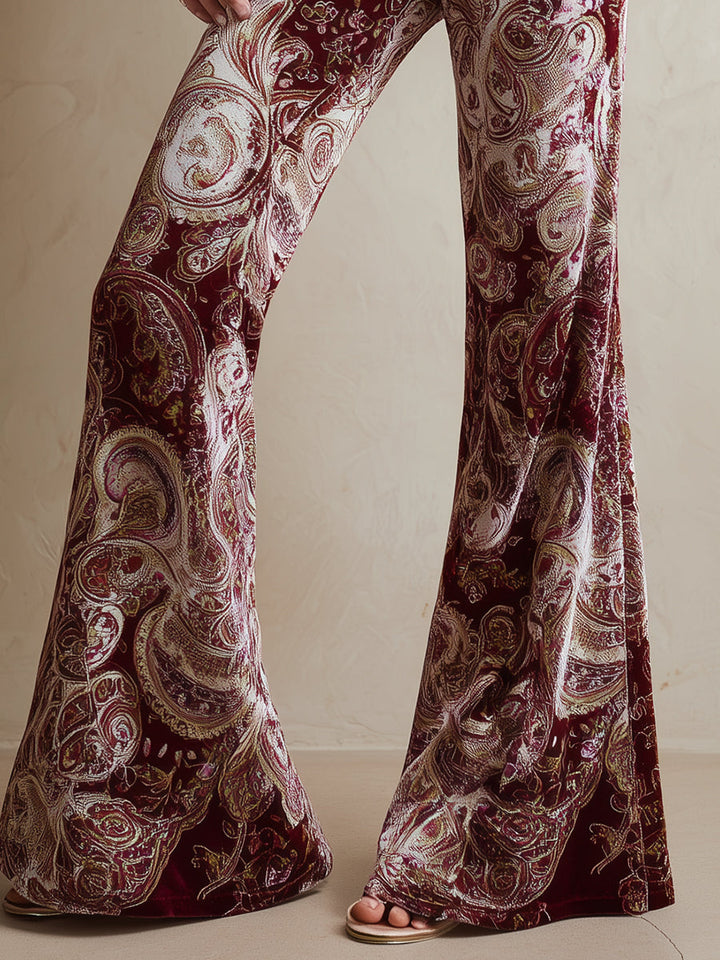 Vintage Western Paisley Print Burgundy Velvet Flared Pants