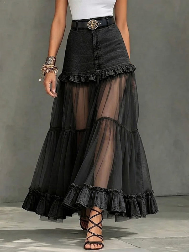 Kaswal na Palda na May Denim na Panel at Ruffled na Chiffon