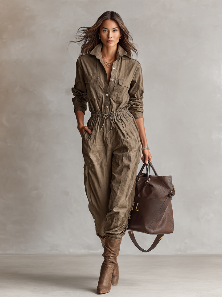 Women's Casual Shirt Collar Button Drawstring Jumpsuit