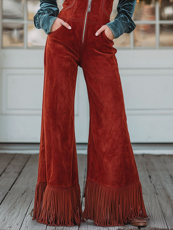 Western Retro V-neck Zipper Red Faux Suede Wide-leg Tassel Overalls