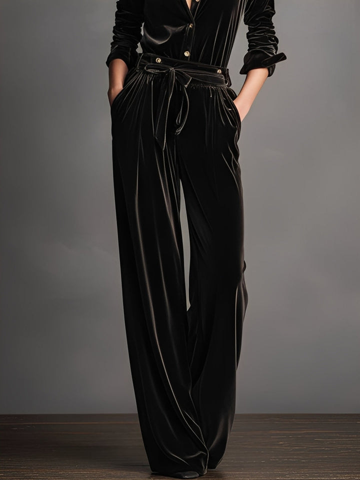 Women's Black Velvet Lace-up Elegant Gold Button Jumpsuit