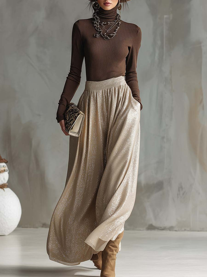 Elegant And Fashionable Retro Brown High-neck Knitted Top And Shimmering Silver Skirt Set