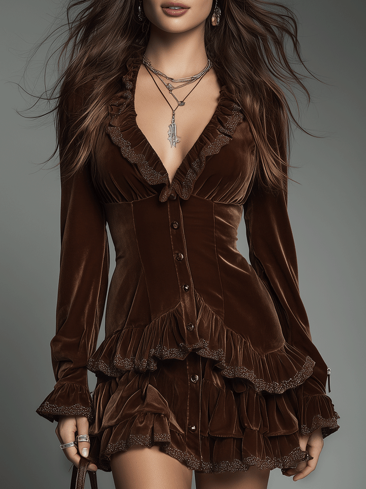 Romantic Boho Chocolate Brown Velvet Ruffle Mini Dress