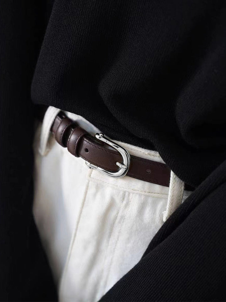 Dámský hnědý klasický opasek z umělé kůže se zlatou přezkou