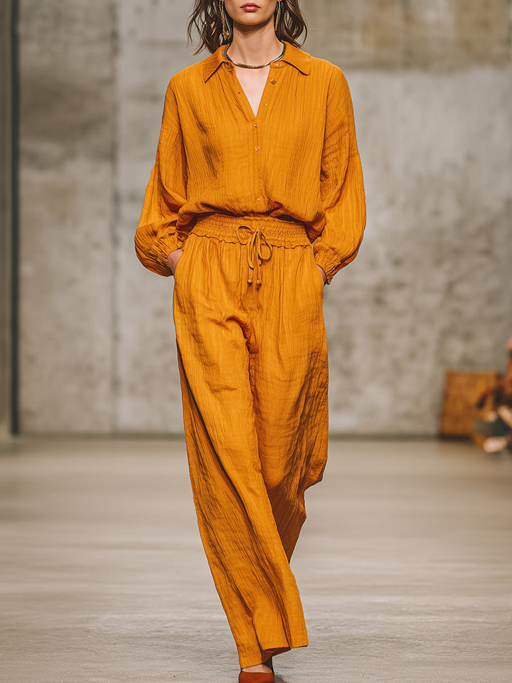 Casual Retro Orange Shirt And Pants Set