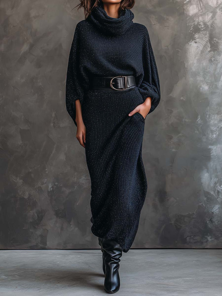 Midnight Blue Sparkle Knitted Batwing Turtleneck Maxi Dress