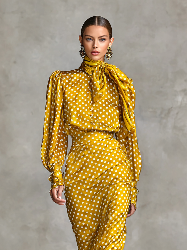 Women's Vintage Satin Polka Dot Print Shirt And Skirt Two-Piece Set (Not including scarf)