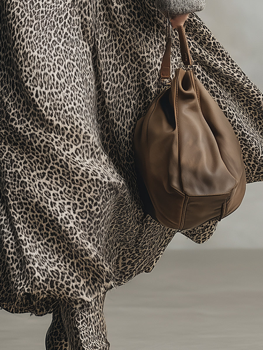 Elegant And Versatile Gray Leopard Print A-line Skirt