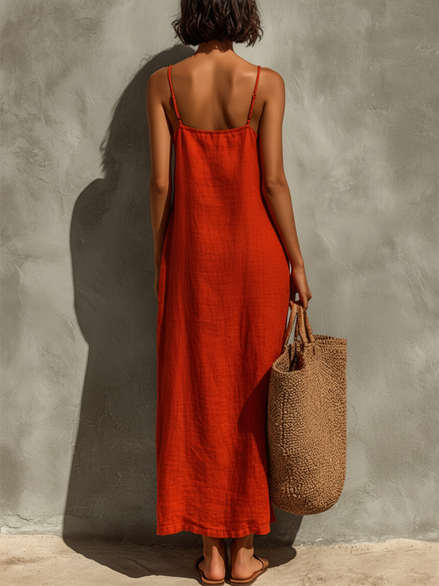 Vestito rosso in cotone con scollo quadrato e spalline sottili