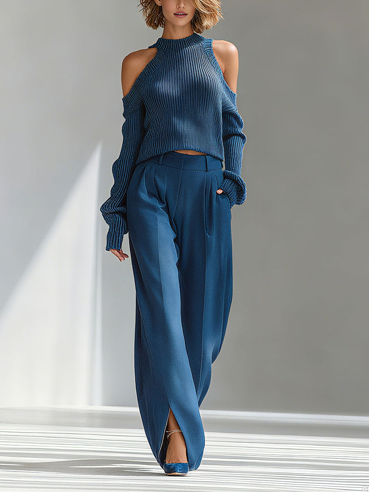 Women's Blue Elegant Ribbed Knit Cold - Shoulder Sweater And Wide - Leg Pants Set