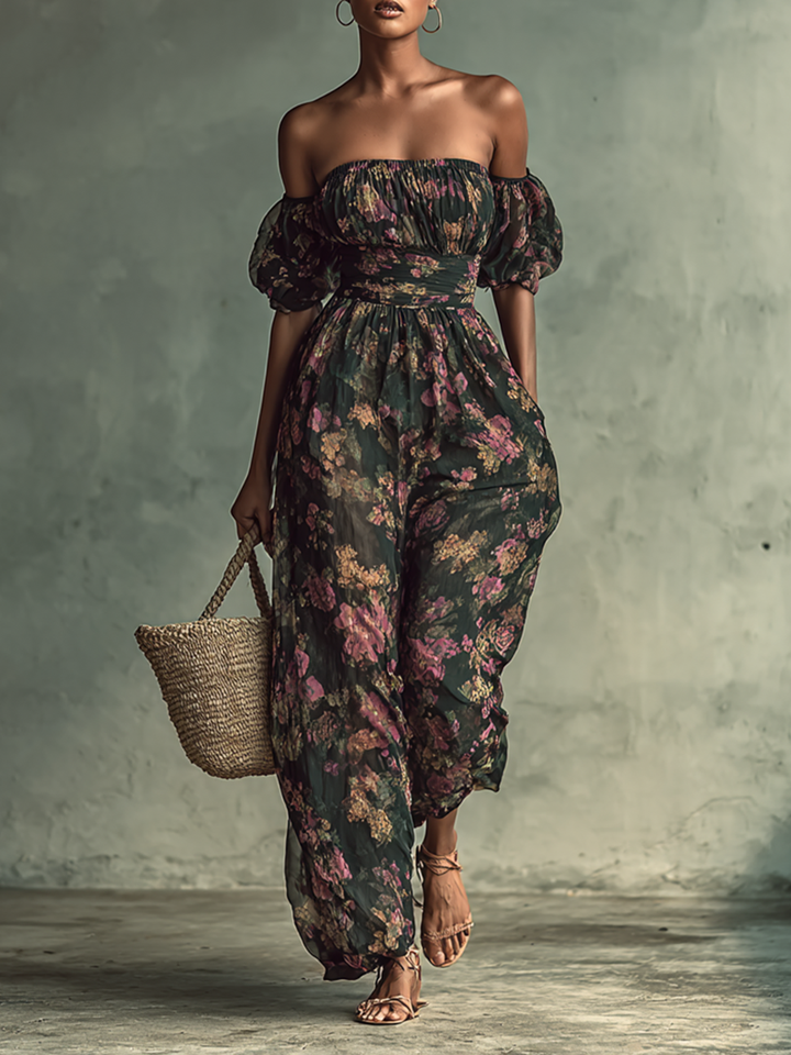Women's Chiffon Floral Print Bandeau Short Sleeve Waist Jumpsuit
